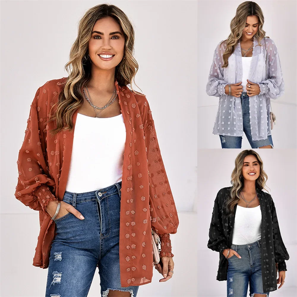 Spring Summer 24 New Lantern Sleeves Solid Color Leisure Travel Outdoor Chiffon Cardigan Top Shawl Jacket Light And Breathable