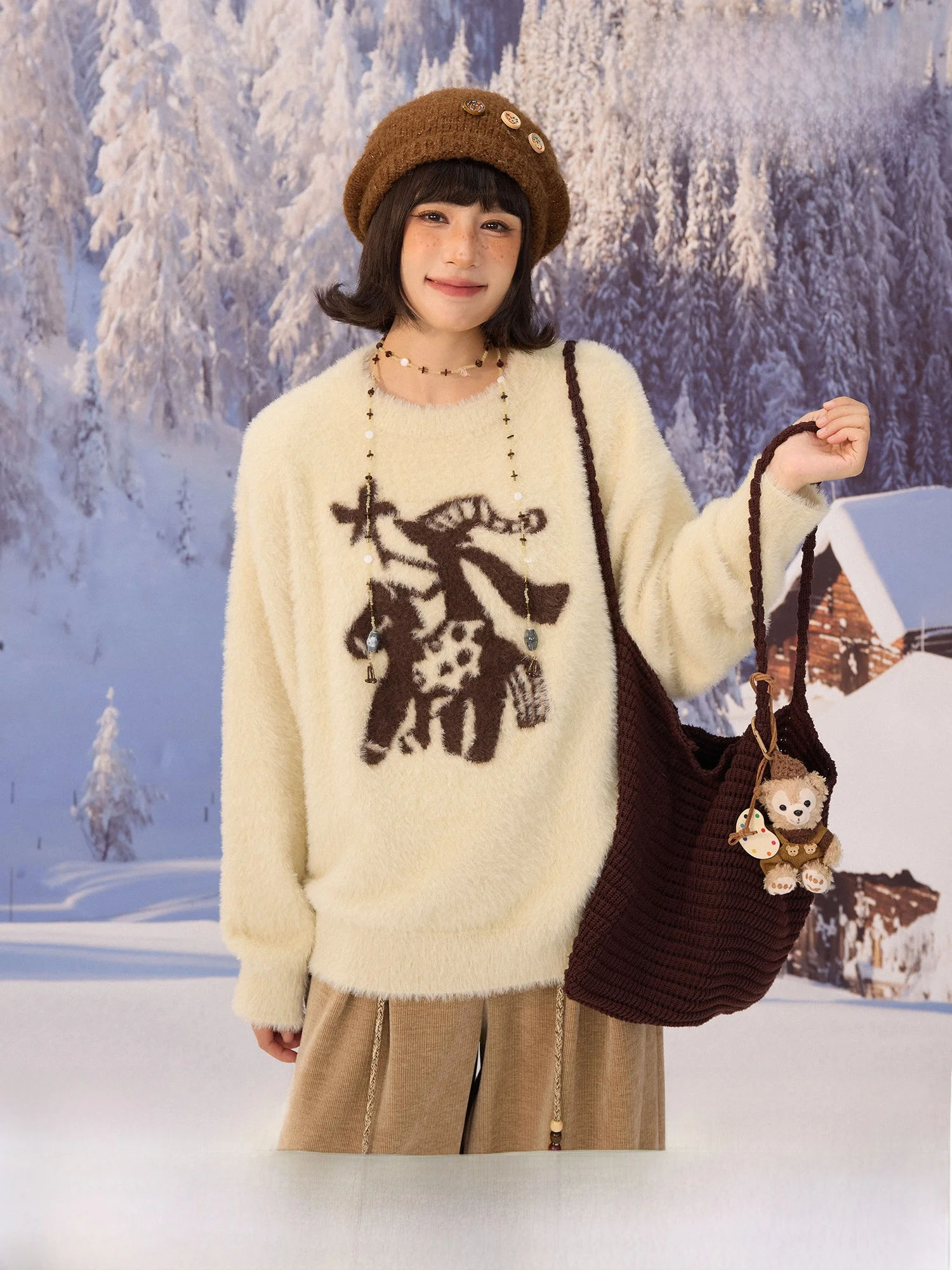 

HOT Volcano Retro Original Don Quixote Faux Fur round Ne Pullover Warm Knitted Winter Women's Sweater Commute Sle L...
