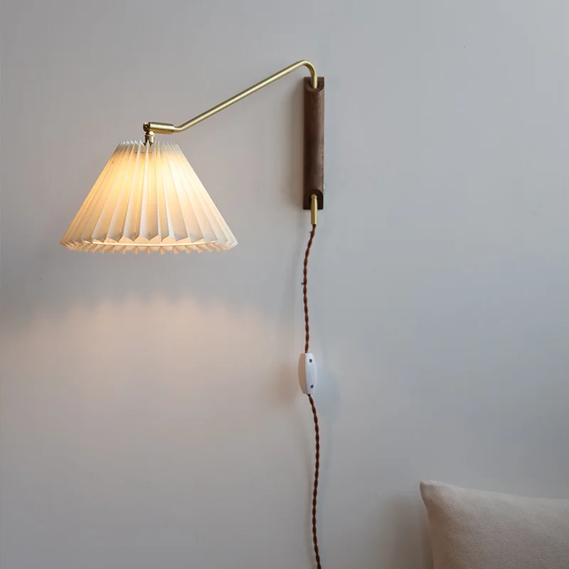 Retro Pleated Fabric LED Wall Lamp with Plug Rotary Rocker Arm Creative Wall Sconces Bedroom Corridor Aisle Study Reading Lights
