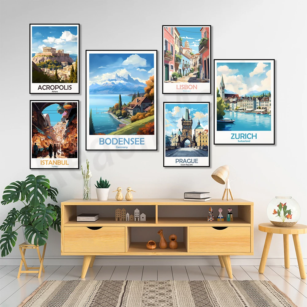 Vatican, Zurich, Rome, Sultanahmet Mosque, Istanbul, Lisbon, Prague, Acropolis, Barcelona, Lake Constance, Germany travel poster