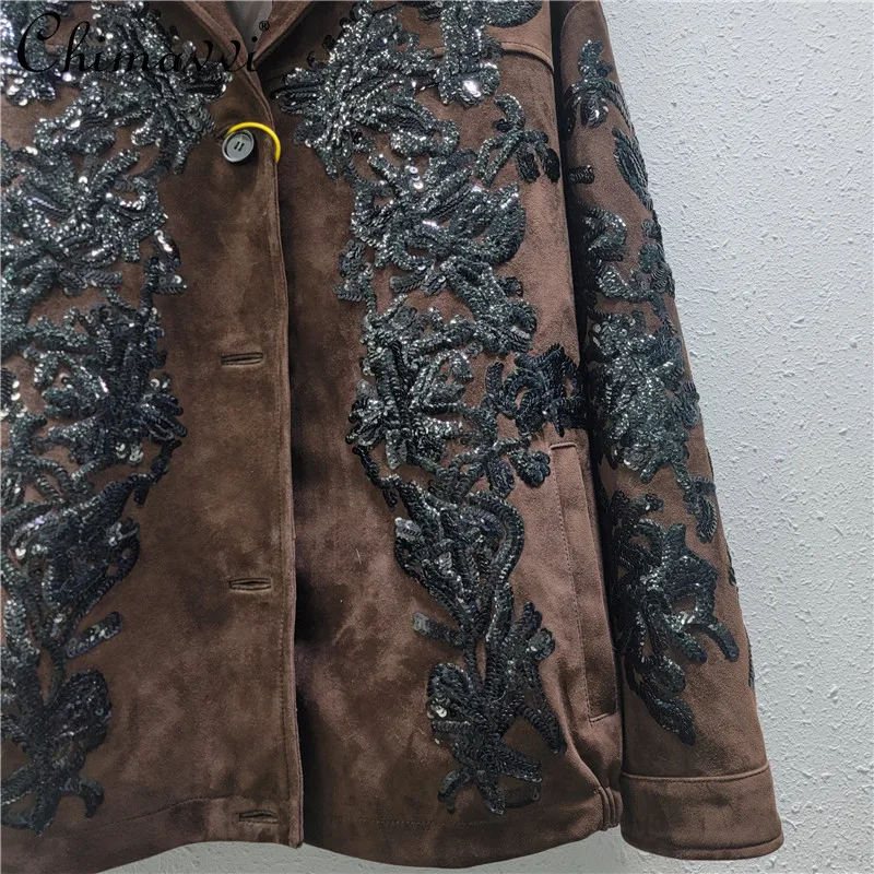 Brown Top Women\'s 2024 Autumn and Winter New Heavy Industry Sequined Embroidered Locomotive Suit Deerskin Velvet Jackets Coat