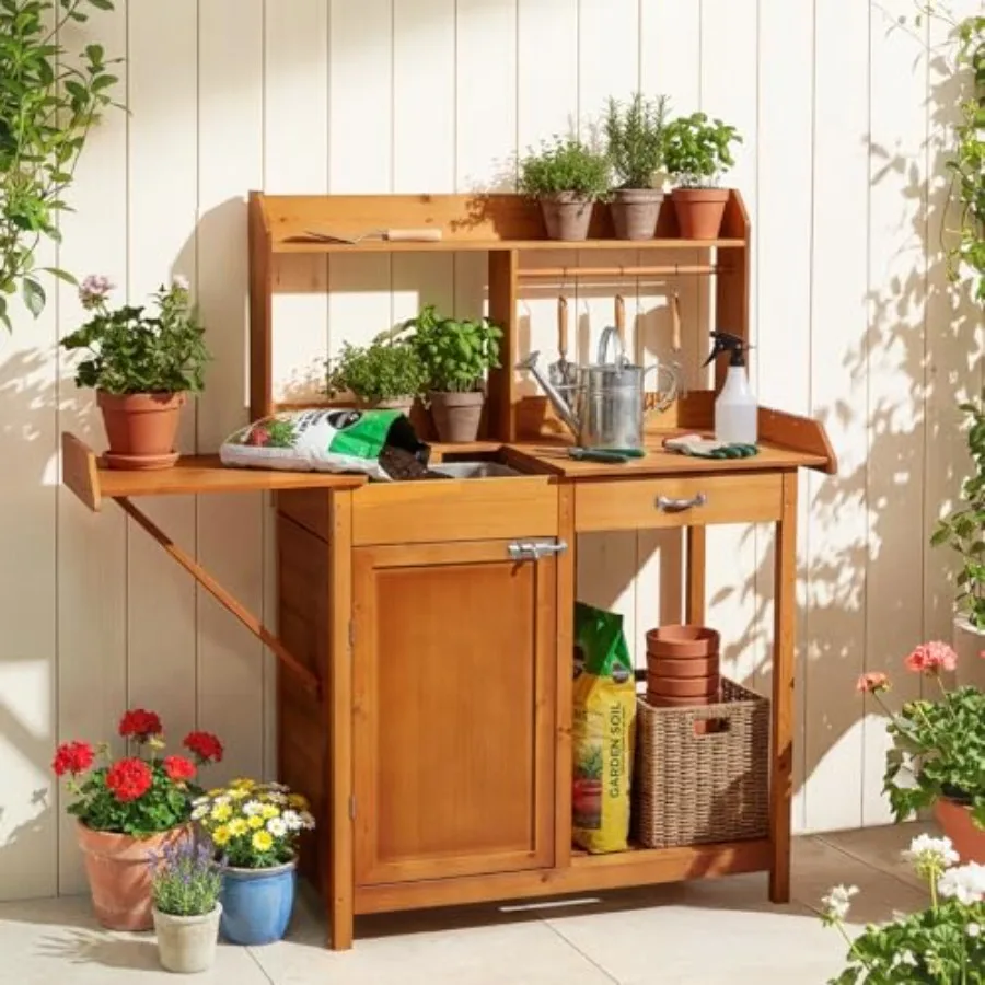 Potting Bench, Pine Wood Potting Table with Sliding Tabletop, Wooden Garden Bench, Workstation for Outside Patio Lawn, Removabl
