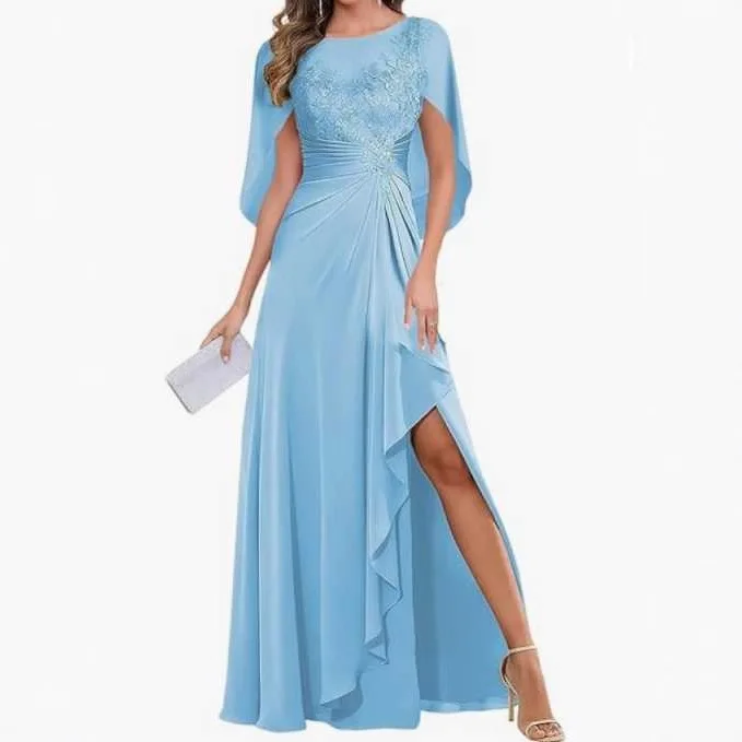 QMANSHA Maßgeschneidertes Abendkleid in Übergröße mit Schalärmeln, Spitze, figurbetontem Schnitt, Rüschen, Chiffon, hohem Schlitz, Hochzeitskleid, Partykleider – Detail 8