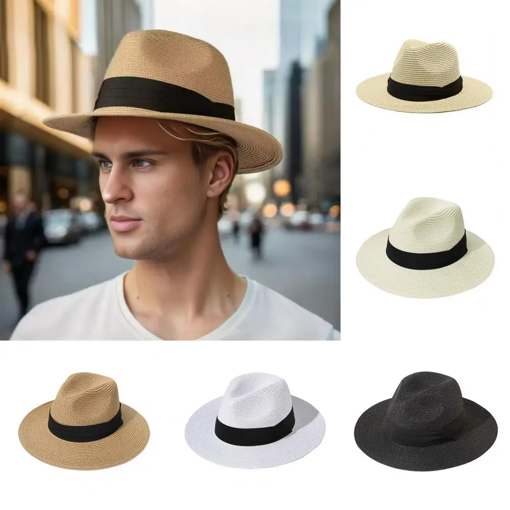 

Sunscreen Hat Wide Brim Straw Panama Hat for Women Men Breathable Summer Sun Hat with Ribbon Decor Elastic Fit Beach Vacation