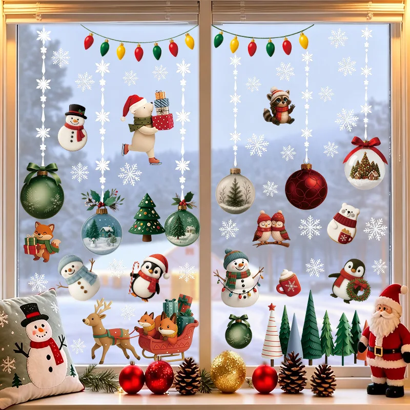 New Christmas Static Window Clings, Snowman Santa Reindeer Snowflake PVC Decals for Glass Door Window Decor