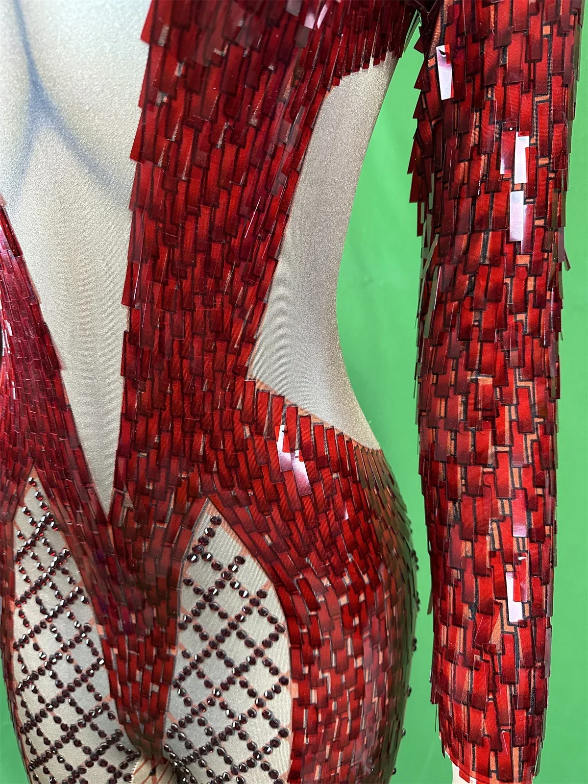 Damskie czerwone cekinowe kombinezony z dżetami, elastyczne, do tańca, na noc, błyszczące rajstopy, kostiumy DJ DS z brokatem, 2025