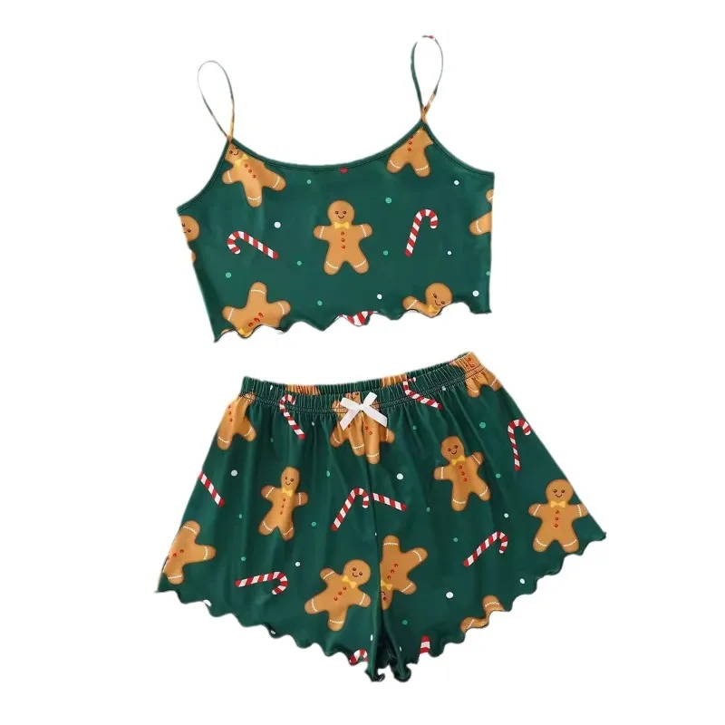 Sexy Nightwear Women Sleeveless Christmas Pajamas Gingerbread Printed Halter Homewear Two-Piece Set Ladies Sleepwear Oungewear