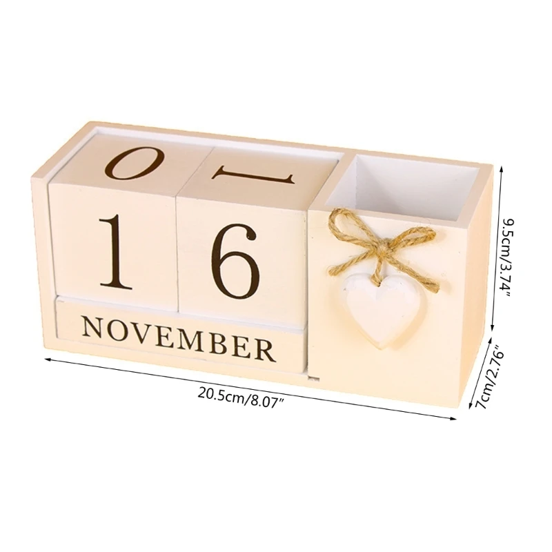 Wooden Permanent Calendar with Pen Holder, Desk Pen Holder with Blocks Permanent Calendar Office Desk Decorations K1KF