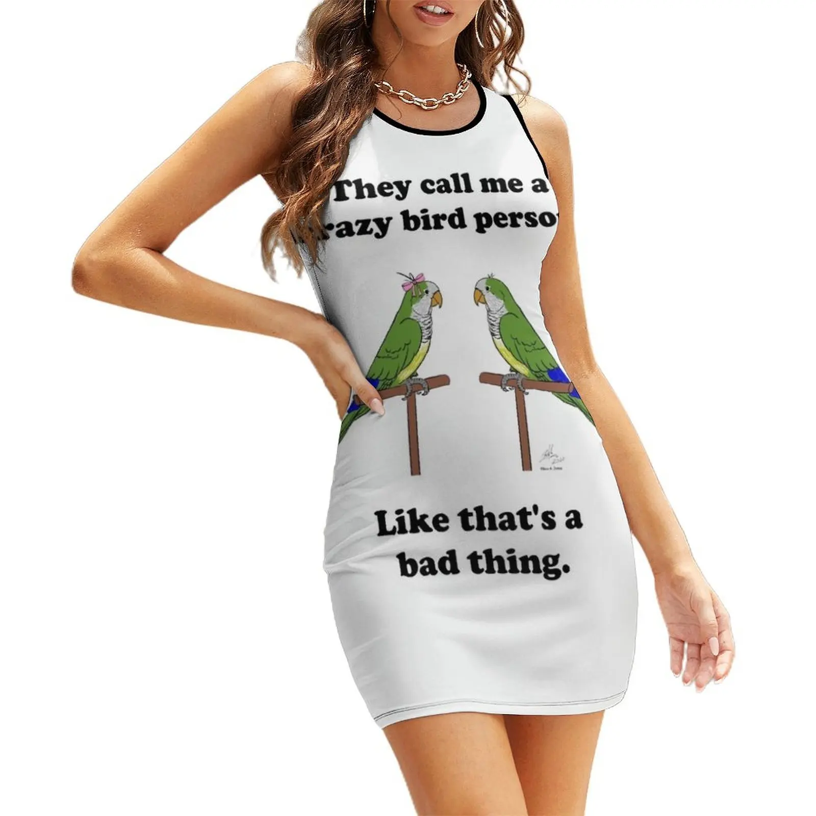 

Crazy Bird Person with Quaker Parrots Sleeveless Sundress women party dresses luxury woman evening dress