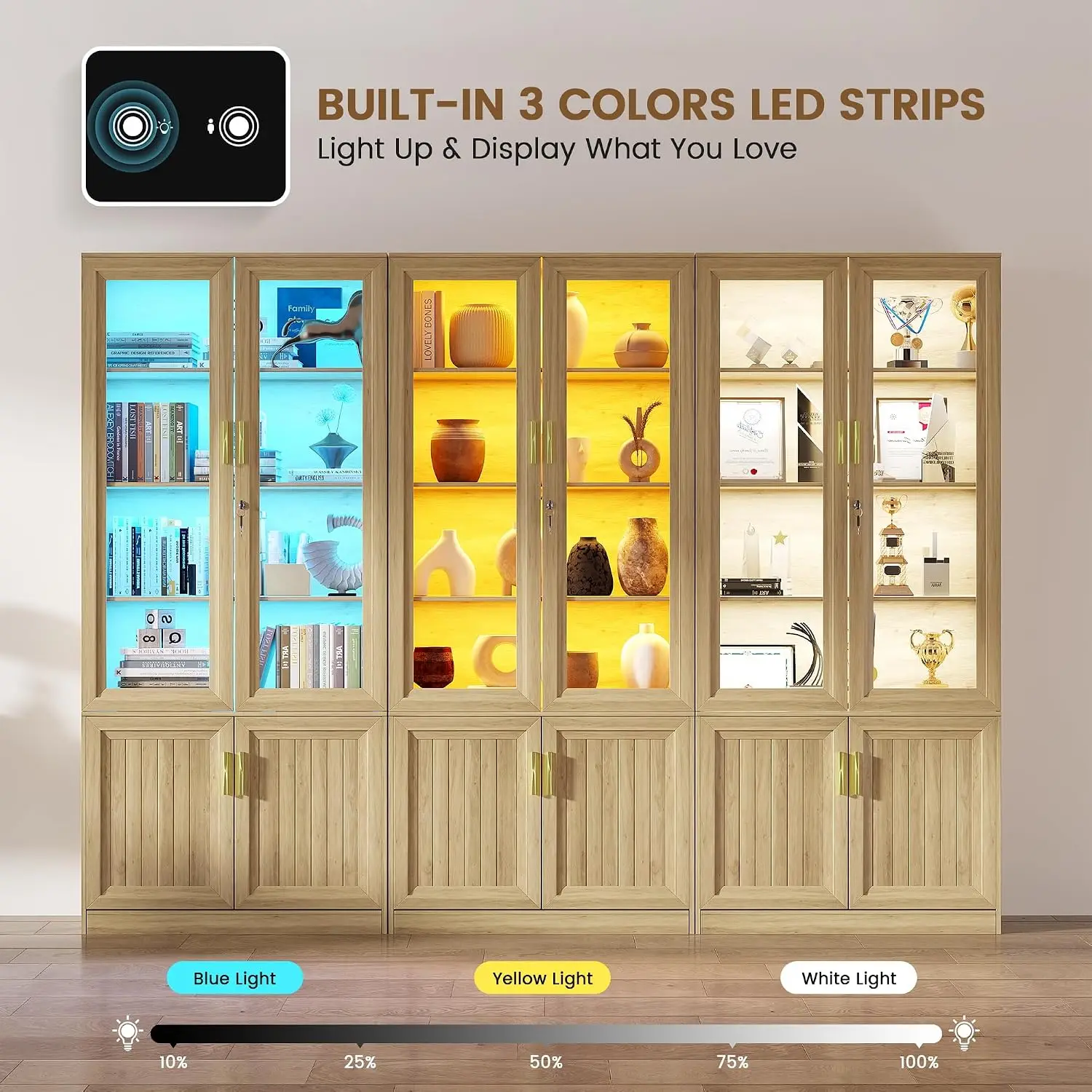 LED Bookshelf with Glass Doors & Adjustable Shelves 71" Tall Display Cabinet Storage, Customized - view 2