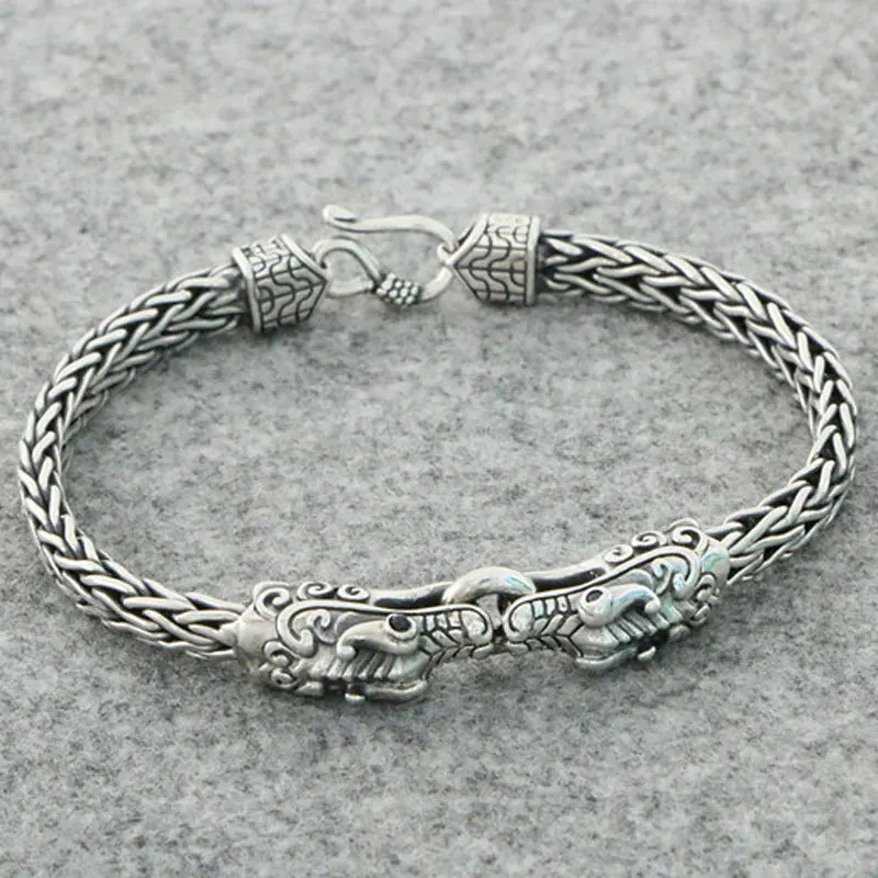 

Punk male trendsetter S925 sterling silver double bib pure hand woven bracelet with retro and domineering Chinese style Thai sil