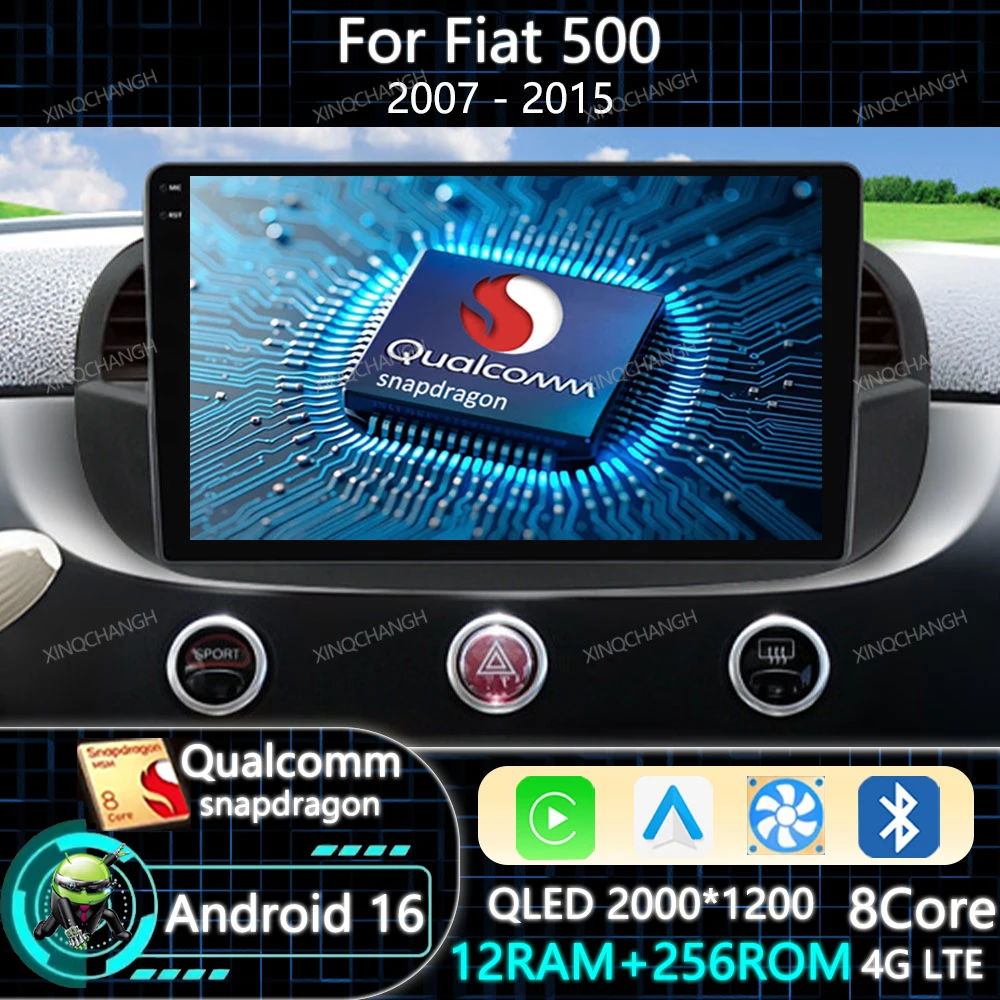 Android 16 Car Radio For FIAT 500 2007 - 2015 Carplay Auto 2DIN BT Head Unit GPS Qualcomm 4G WIFI Multimedia Stereo Video Player