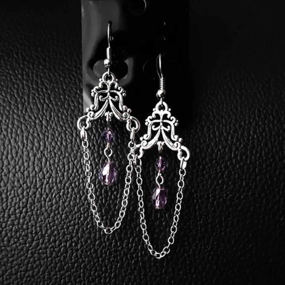 Gothic Victorian Purple Crystal Filigree Tassel Dangle Earrings for Women Halloween Party Vampire Witch Drop Earrings Jewelry