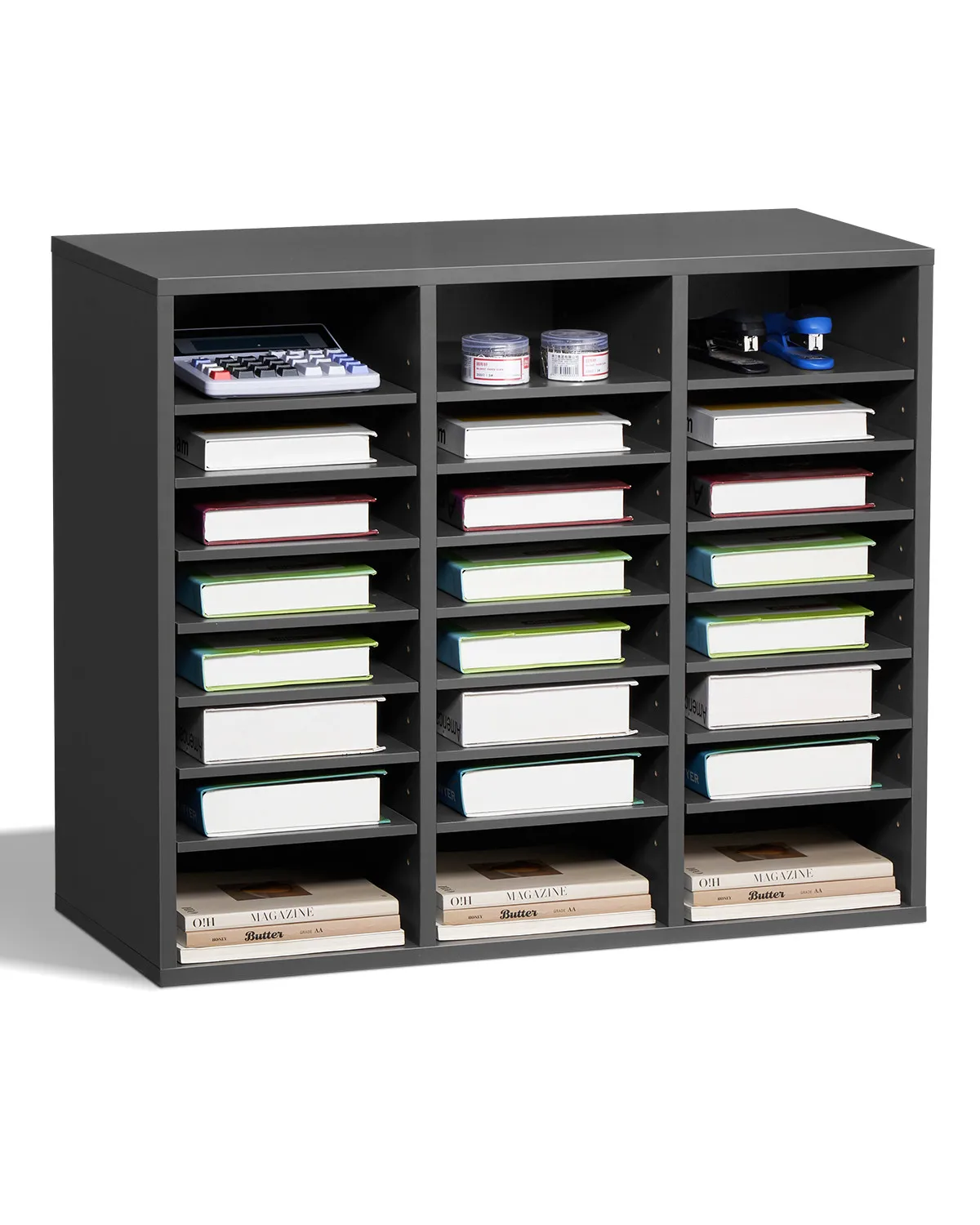 

Wooden Literature Organizer 24 Compartments with Adjustable Shelves Grey