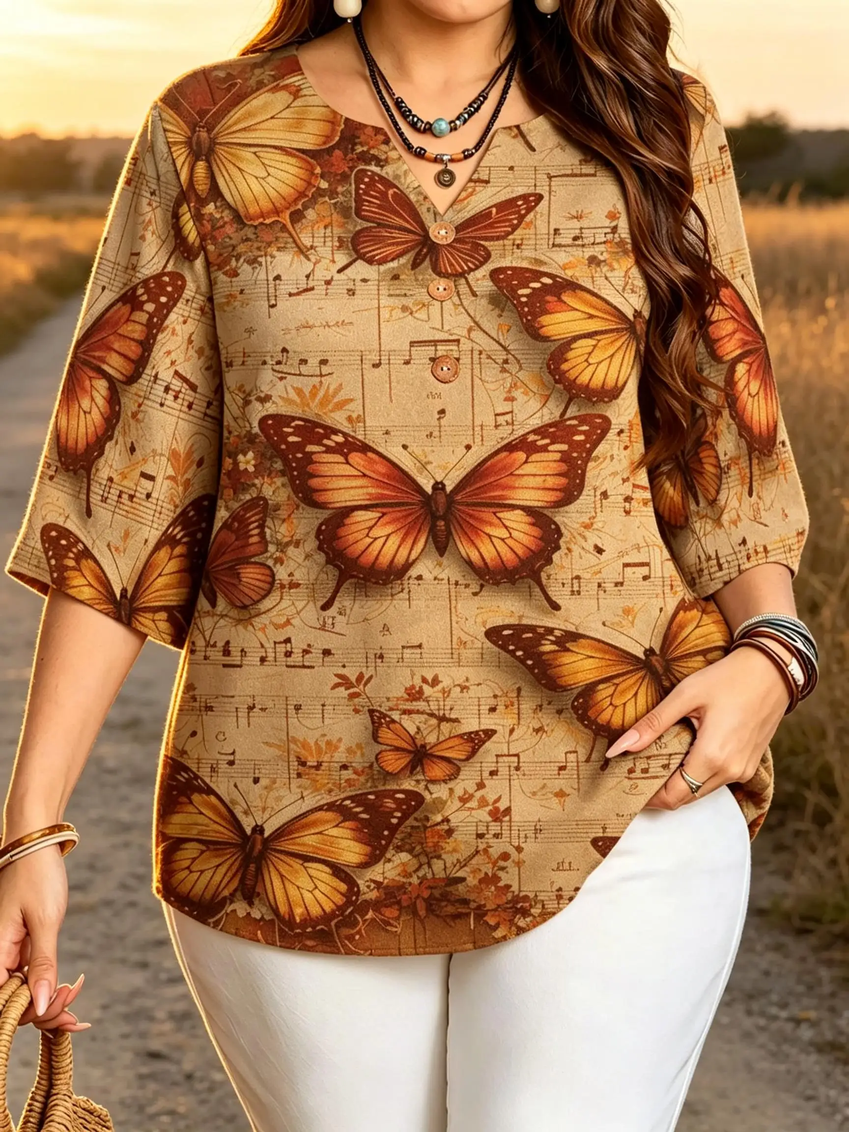 Vintage Butterfly & Sheet Music Print Blouses Notch Split V Neck 3 Decor Buttons 3/4 Sleeve Loose Plus Size Women Daily Tops
