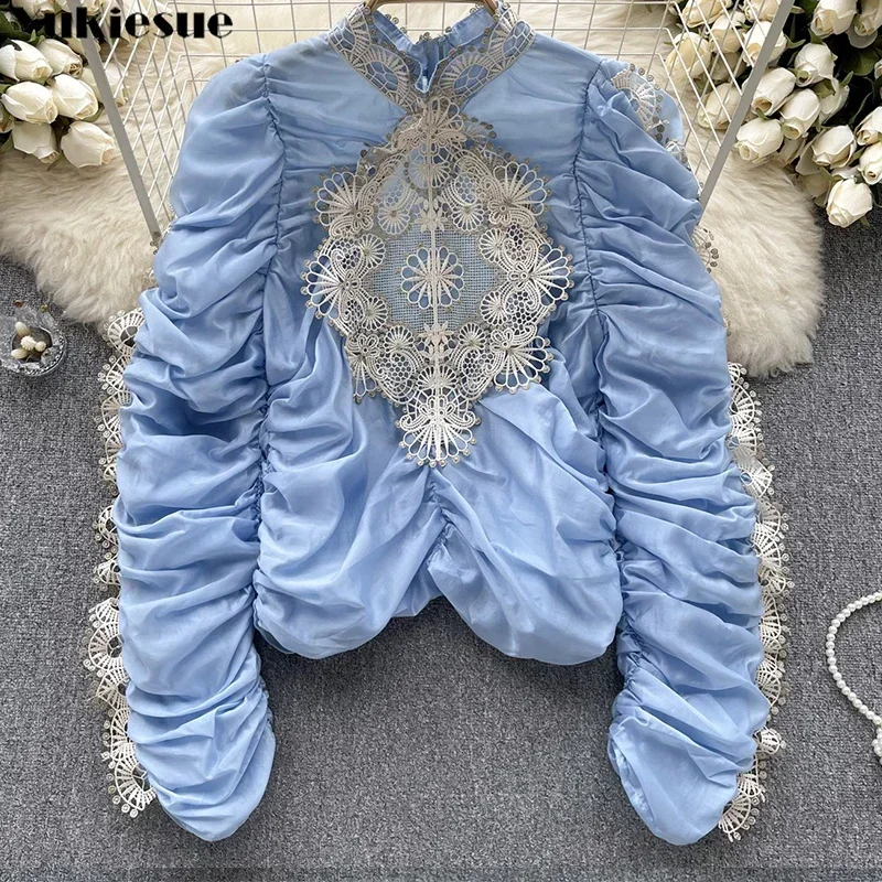 

Женская рубашка 2023, осенний новый стиль, модная повседневная винтажная кружевная лоскутная блузка с пышными рукавами, складная воротник-стойка, женская одежда, шикарная