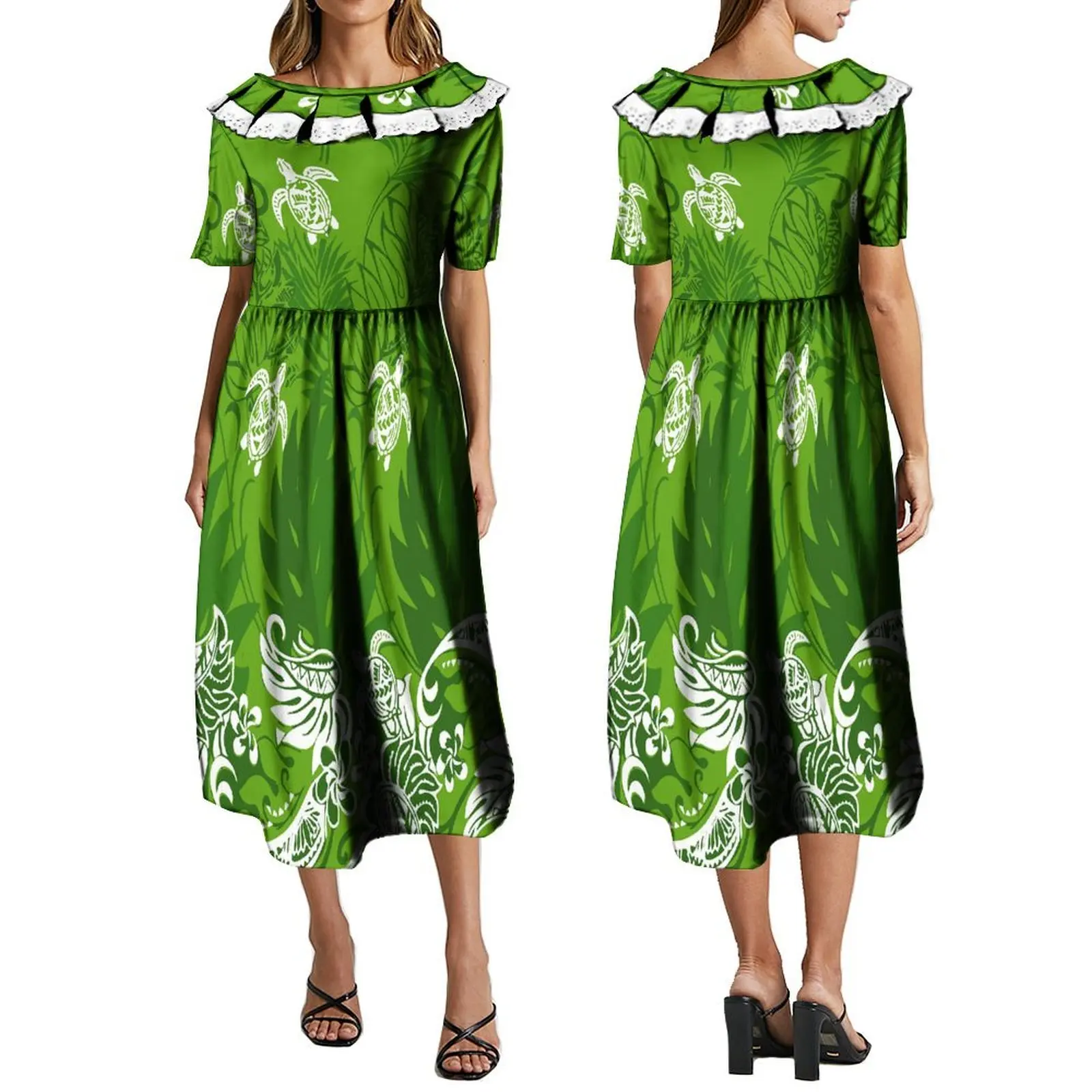 

2024 New Design Lotus Leaf Round Neck Custom Polynesian Pattern Dress Mumu Ladies Maxi Dress Banquet High Quality Maxi Dress