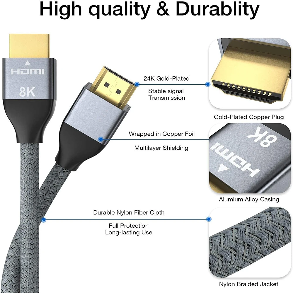 Cabo HDMI 2.1 para Projetor PC, Ultra Alta Velocidade, HDR Dinâmico, PS5, Xbox, 48Gbps, 8K @ 60Hz, 4K @ 120Hz