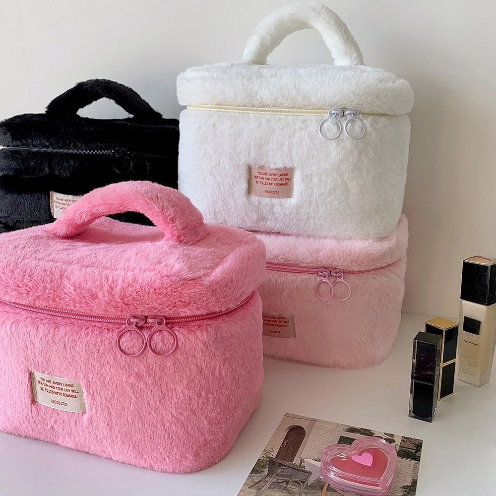 Fuzzy Tote Makeup Bag for Women Soft Large Capacity Toiletry Brush Pouch High Aesthetic Portable Travel Organizer Case Pouch
