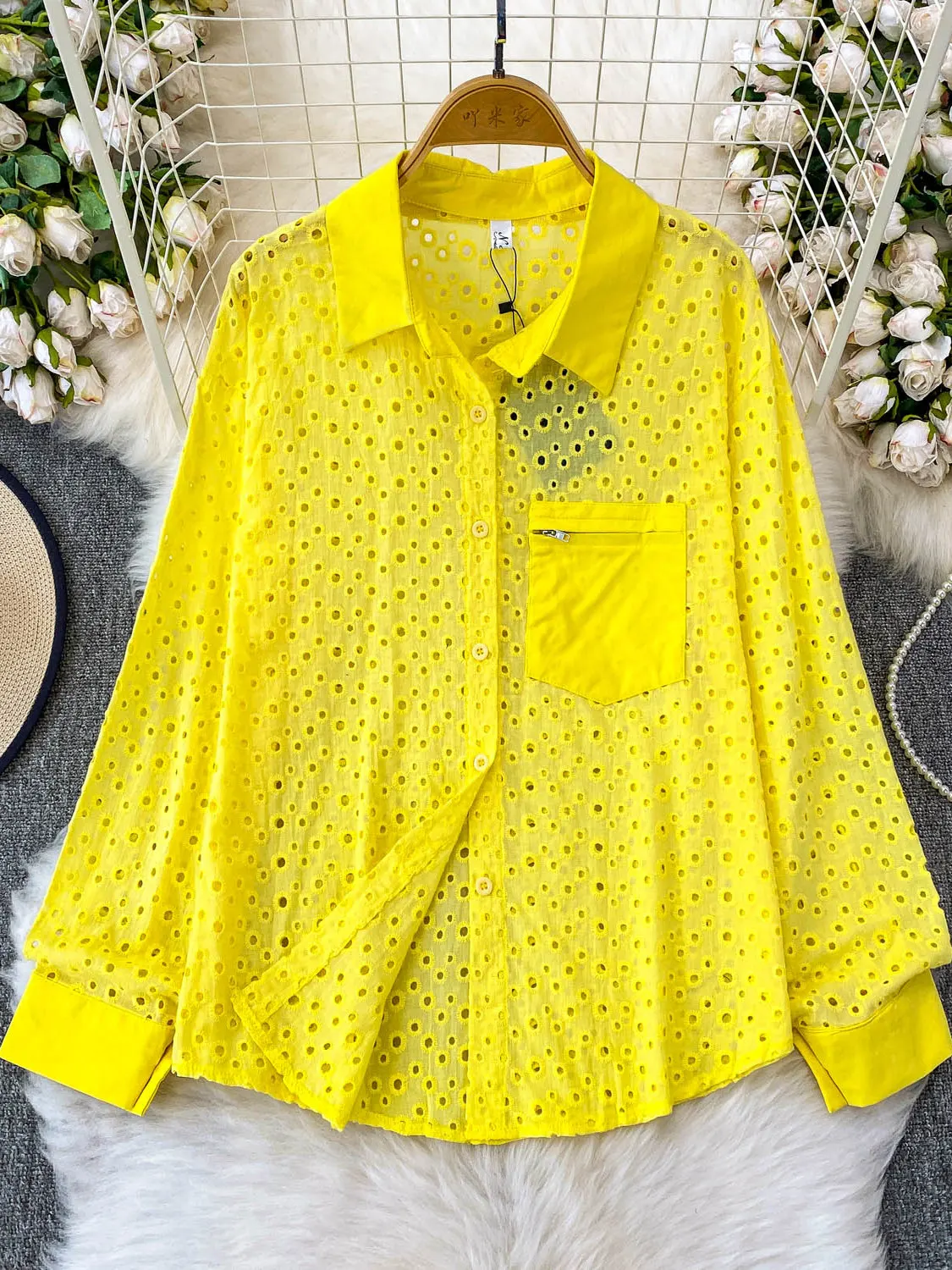 

Ele Embroidered Hollow out Long Sve Sun Protection irt Women's Summer Loose Fit Slimming Blouse Korean Sle Commute
