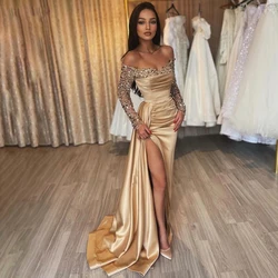 Gorgeous Satin Fashion Long Sleeved Customized Evening Dresses Sexy Elegant Off The Shoulder Long Sleeve Slit Beaded Prom Gowns