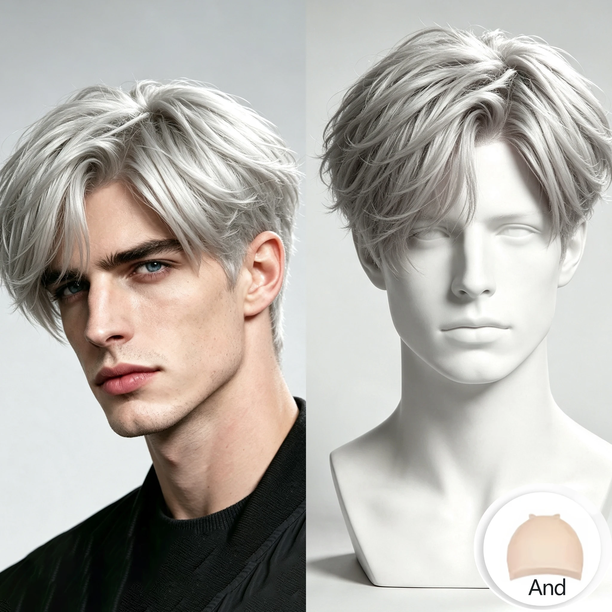 Silver Grey Fluffy Layered Short Synthetic Wig for Men Side Bang Male Wig Heat Resistant Hair for Daily Cos Halloween