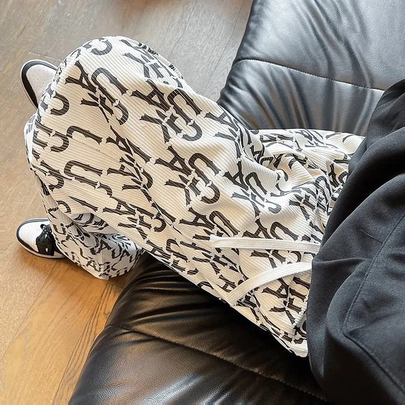 

Men Casual Pants Spring New Fashion Letter Print Loose Men's Straight Trousers Full Length Comfortable Wide Leg Pants Man 5XL-M