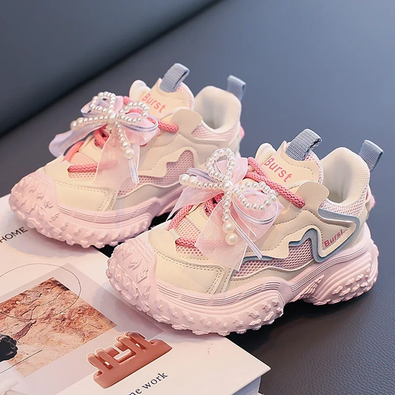 

Elegant Outdoor Autumn Sneakers Girls Trend Fashionable Kid Sneakers Korean Style Pearl Bow Children Sport Shoes Running Shoes