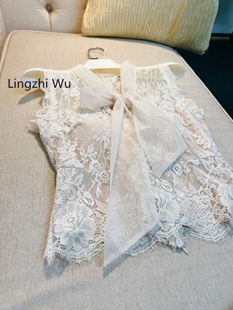 

Lingzhi Wu Lace Shirt French Elegant Ladies Bow Lace Top Top Quality Slim All Match 2024 Summer V-Neck Beige Apricot Pullovers