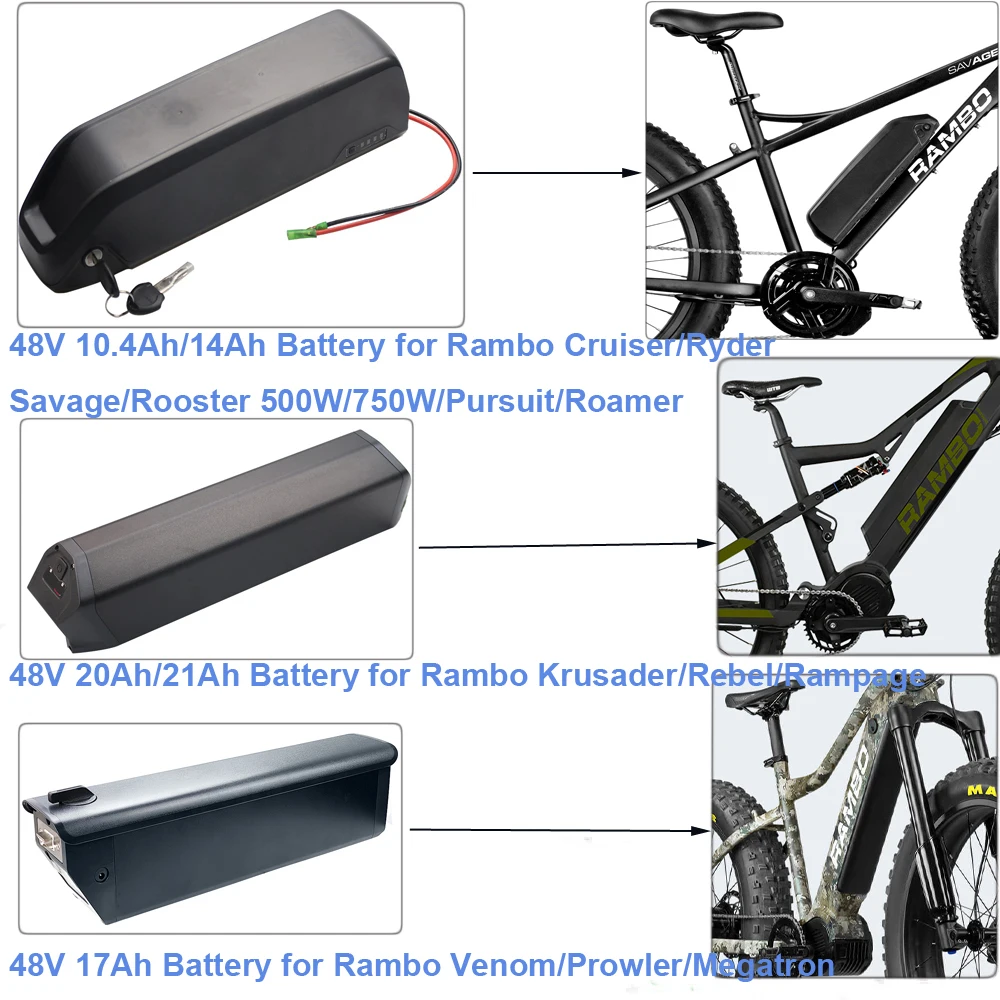 

Ebike 48V 14Ah 17Ah 20Ah 21Ah Battery Rambo The Cruiser Rooster Ryder Roamer Pursuit Savage Rebel Rampage Venom E-Bike Battery