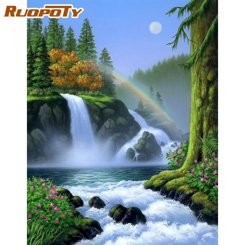 

RUOPOTY Painting By Numbers For Adults 60x75cm Frame Waterfall Scenery Oil Painting Hand Painted Craft Home Decorations