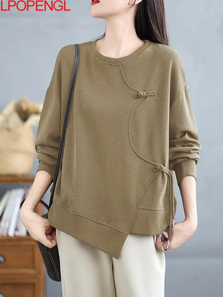 

Simple Spliced ​​long-sleeved Round Neck Sweatshirt Top For Women 2024 New Autumn Korean Style Fashionable Age-reducing Top