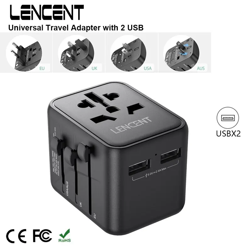 LENCENT International Travel Adapter z 2 portami USB All-in-One Ładowarka podróżna Zasilacz EU/UK/USA/AUS Wtyczka do podróży