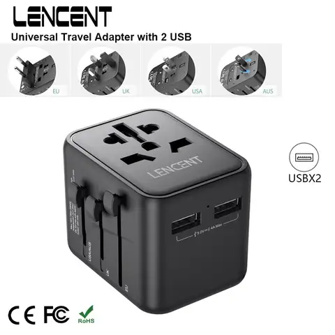 LENCENT adaptador de viaje internacional con 2 puertos USB, cargador de viaje todo en uno, enchufe EU/UK/USA/AUS