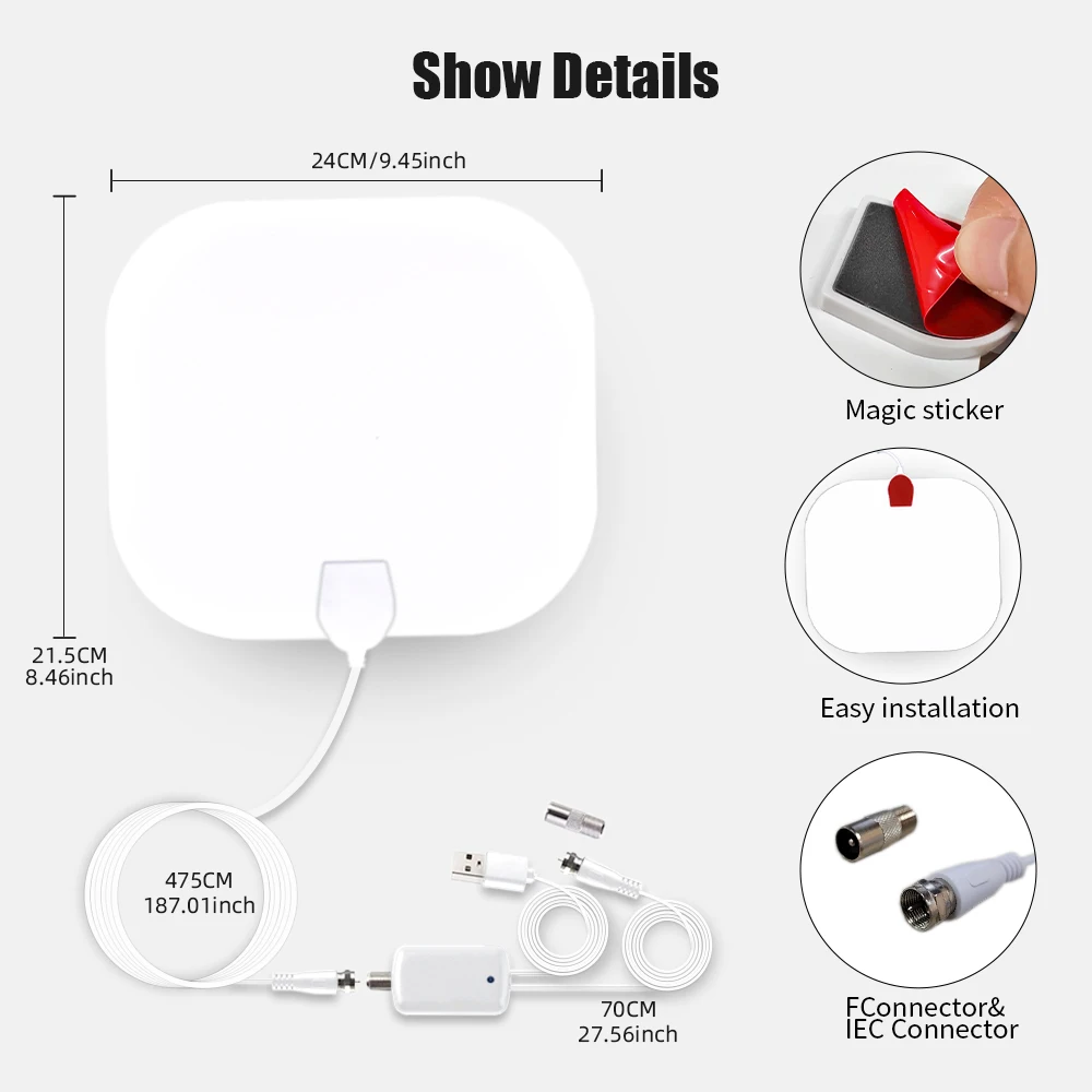 Indoor Digital TV Patch Antenna with Amplifier 25dBi Long Range HDTV Antenna for Local Free Channels,4K TV Antenna Free Channels