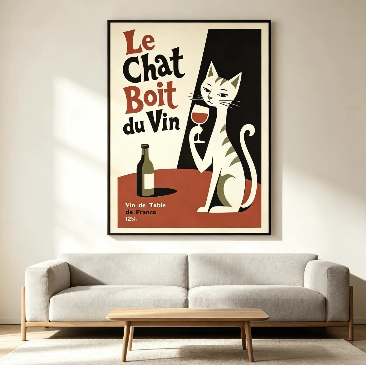 French Le Chat Boit du Vin Cat Wine Wall Art Canvas Prints Poster, Retro Decor For Bar Kitchen Dining Room Cafe Home Wall Decor