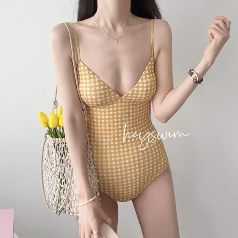 2024 New Swimwear Girl Cute And Simple Checkered Sexy Strap Dress Women's Swimwear