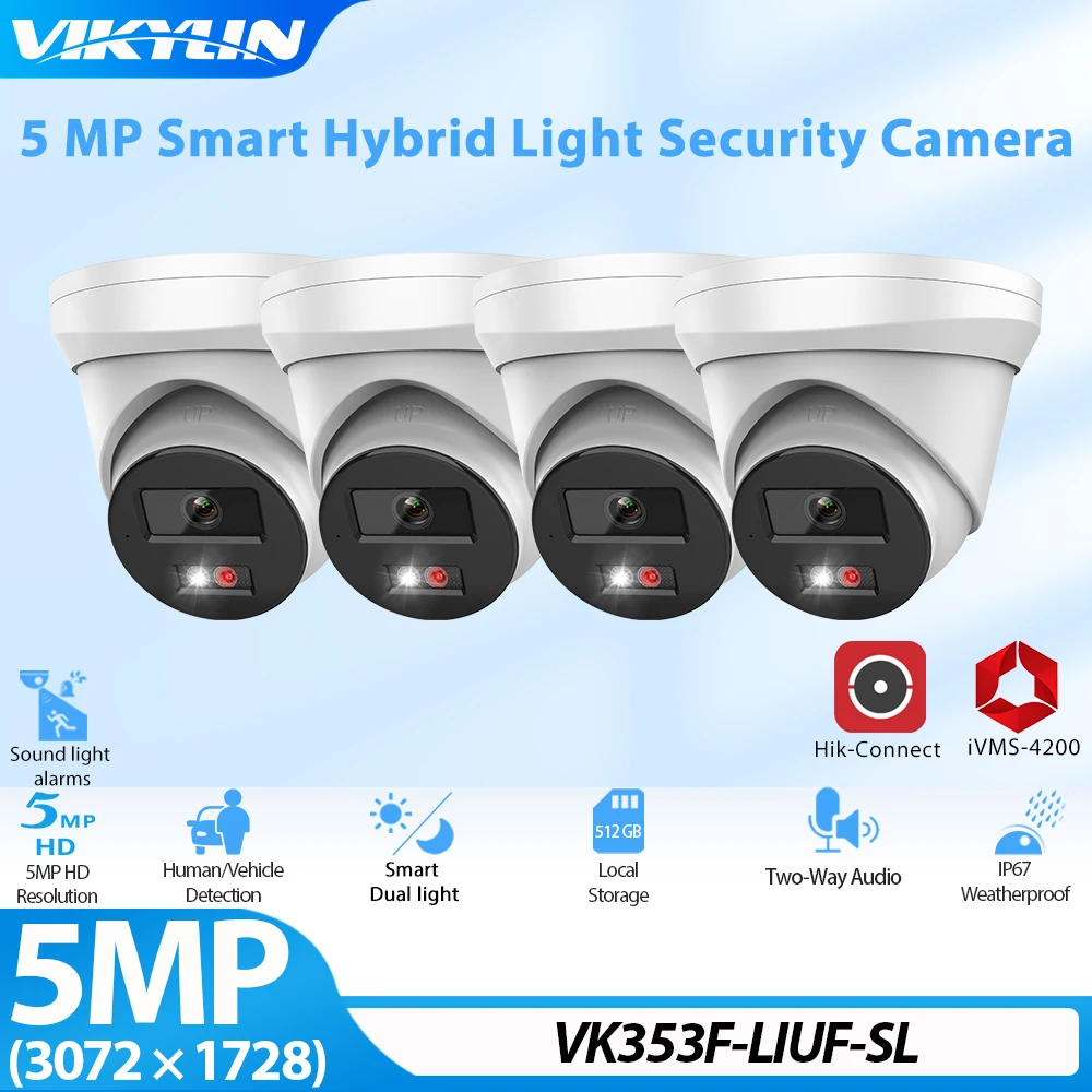 VIKYLIN 5MP IP Camera for hikvision OEM Smart Hybrid Light Human Vehicle Detection Alarm POE Security Camera Home CCTV 4-PCS Set