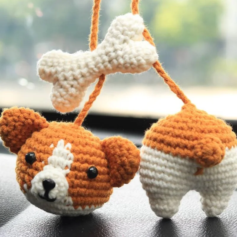 Woven Animal Car Hanging Ornament Handmade Knitting Cute Dog Bone Pendant Wall Hanging Ornament Car Auto Interior Accessories