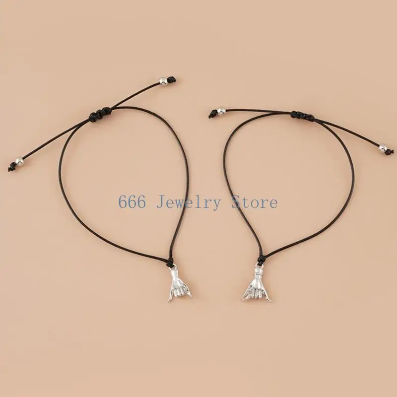 F2TD 2x Pinky Promise Black Hemp for Wish Bracelet Silver Tone Alloy Charm on Printed Card Unisex Jewelry for Couple Friend G view 2