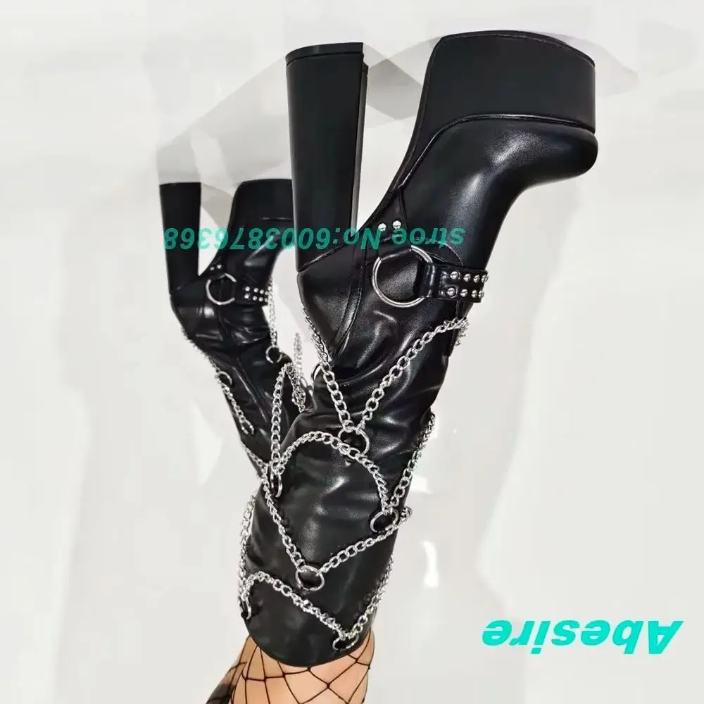 Platform Zipper Chunky Heels Patent Leather Shoes for Women Chain Rivet Metal Decoration Patchwork Boots Punk Rock Shoes 2026