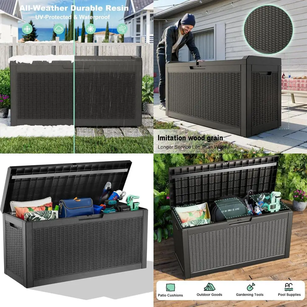 

Запираемая коробка из смолы на 60 галлонов — водонепроницаемое уличное хранилище для патио, бассейна и садового снаряжения черного цвета