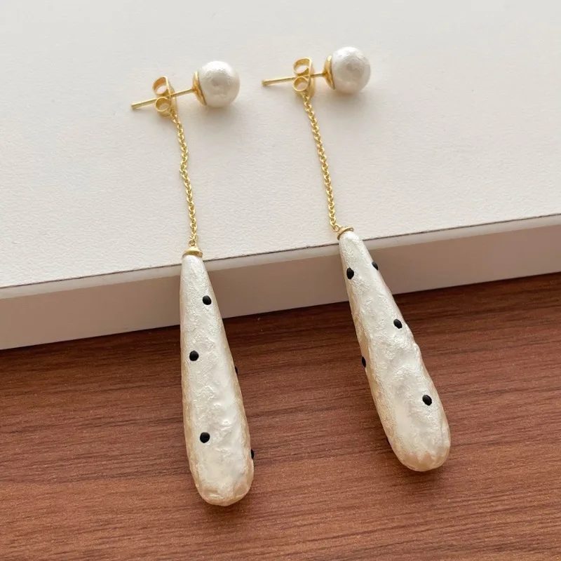 Minar Elegant Black Dot Painting White Simulated Pearl Water Drop Long Chain Tassel Dangle Earrings for Women Casual Jewelry