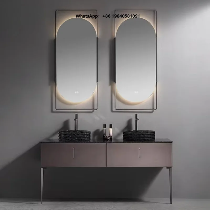 Modern Luxury Lacquer Stainless Steel Copper Bathroom Vanities Cabinet Floor Standing Framed Double LED Mirror Water Resistant