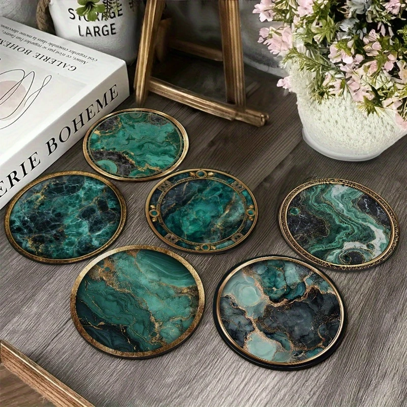 2D Retro Green Marble Pattern Wooden Coasters Round Home Party Table Decorations Coffee Shop Decor Photo Props