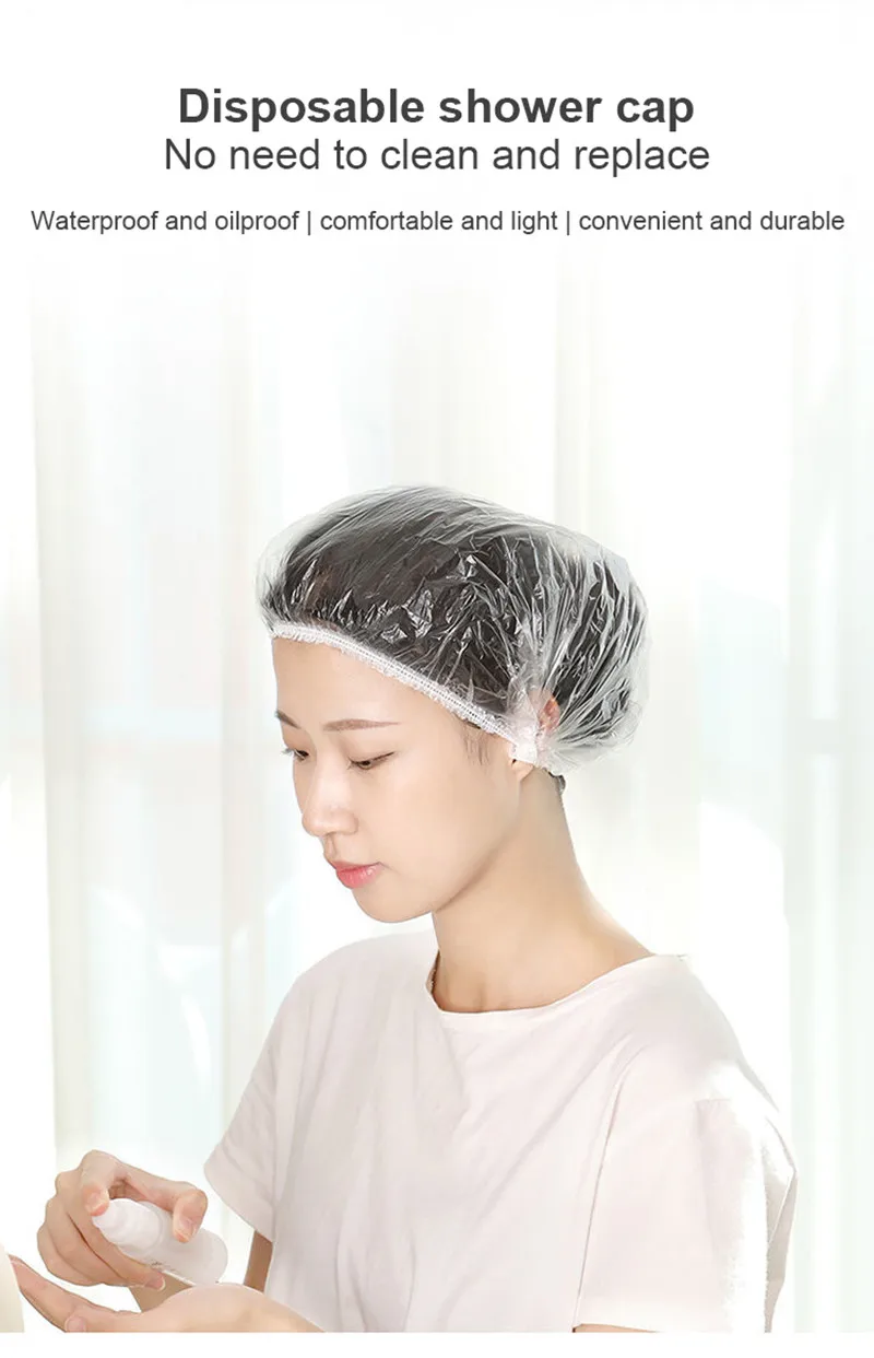 Disposable Shower Cap Plastic Hair Bath Hat Elastic Women Waterproof Caps For Spa Salon Hotel Hair Dye Bathroom Rosa Kitchen