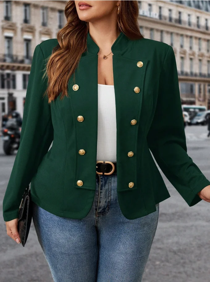 Plus Size Blazer Women Stand Collar Double Breasted Long Sleeve Slim Fit Solid Short Jacket Office Business Casual Outerwear