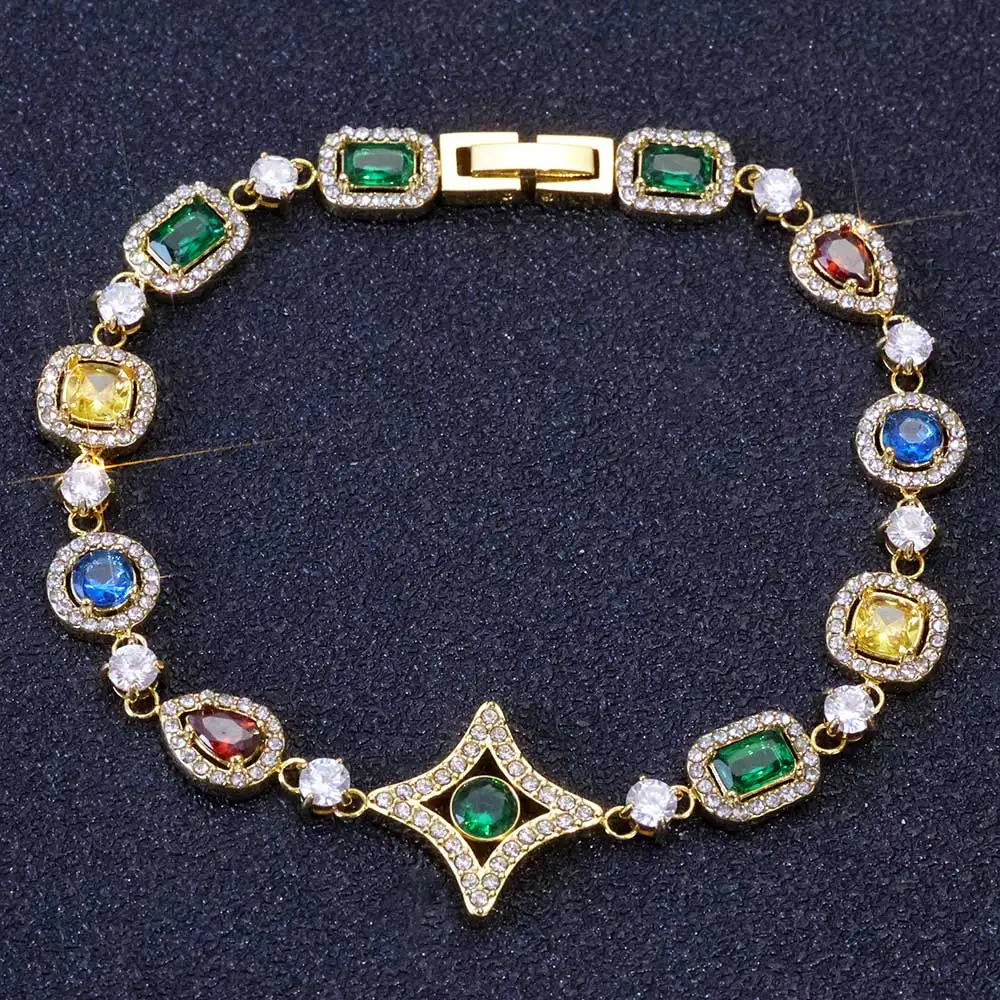

Hip Hop Rapper Rock Colorful Cuban Bracelet Fashion Jewelry Stainless Steel PVD 18k Gold Plated Iced Bracelet for Women Men