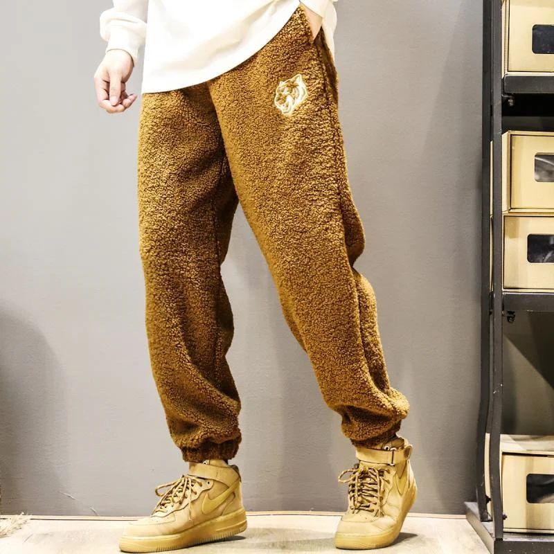 Jesień Zima Mężczyźni Duży Rozmiar Spodnie dresowe z polaru jagnięcego Y2k Vintage Coffee Streetwear Moda Odzież Męska Nowe Casualowe Ciepłe Spodnie