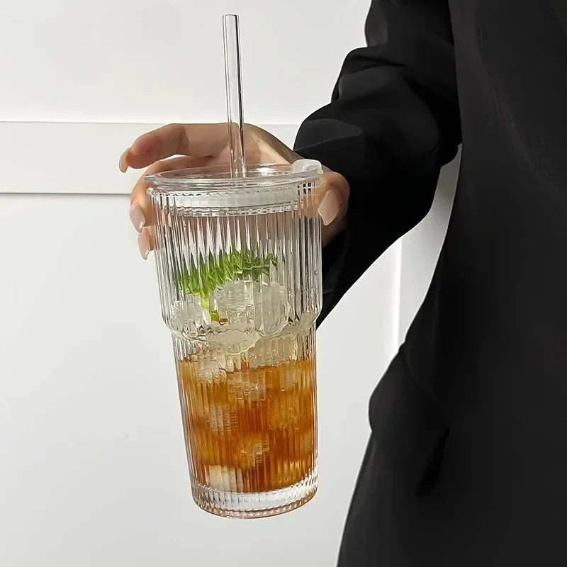 1 600ML striped cup with lid, milk iced coffee cup, beverage cup image 4